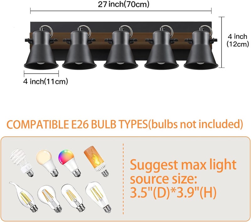 SEEBLEN 5-Light Track Light Fixtures, Adjustable Ceiling/Wall Mount Spotlight, Industrial Black Kitchen Track Lighting for Living Room, Dining Room, Hallway, Bathroom - Image 4